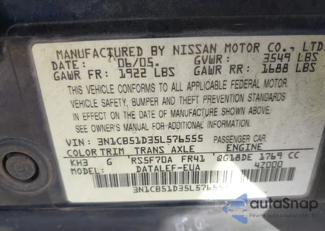 2005 Nissan Sentra 1.8S из США, поврежденный, VIN 3N1CB51D35L576555